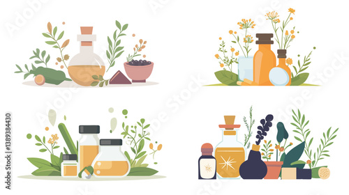 Illustration of a vibrant herbal medicine festival, featuring various plants, herbs, and natural remedies in a lively and colorful graphic design style.