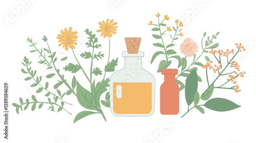 Illustration of a vibrant herbal medicine festival, featuring various plants, herbs, and natural remedies in a lively and colorful graphic design style.