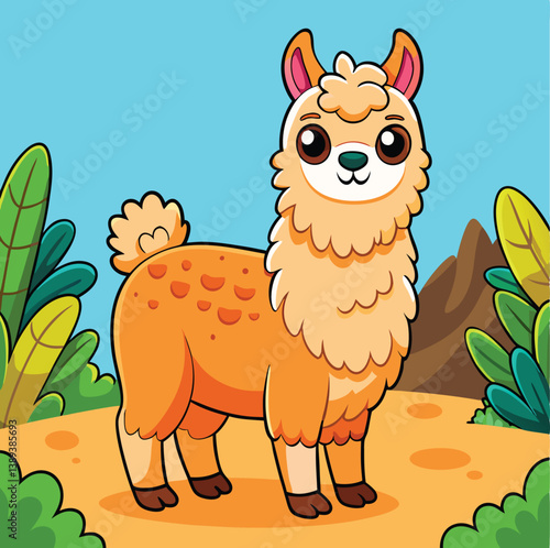 Cute Cartoon Llama Alpaca Standing In A Natural Environment Illustration
