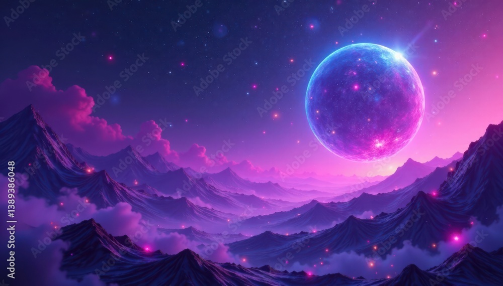 Cosmic landscape with glowing, iridescent orbs suspended in a purple mist, holographic, nebula Cosmic landscape with glowing, iridescent orbs suspended in a purple mist, holographic, nebula