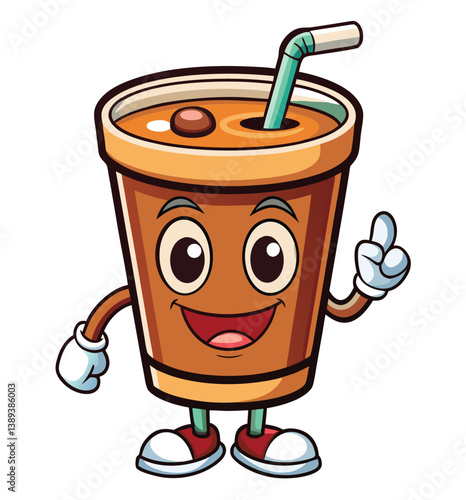 Cheerful Cartoon Coffee Cup Character Suggesting Idea With A Straw On White