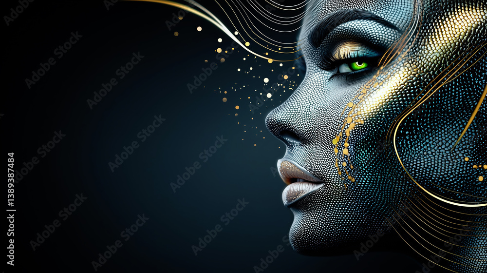 Obraz premium Elegant beauty portrait of a woman in profile with intricate dark textured skin, gold accents, and a striking green eye.