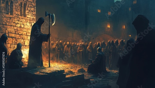 Mysterious gathering in a medieval city square, complete with a menacing executioner and shrouded onlookers