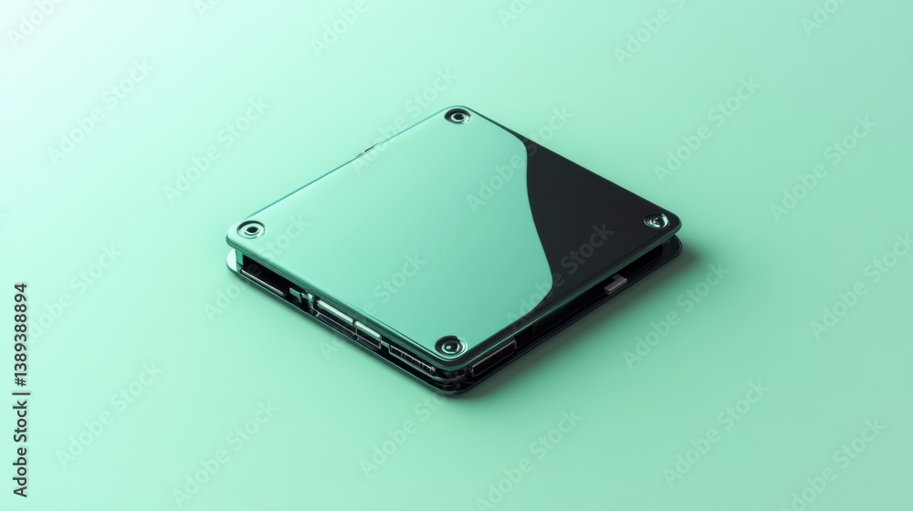A hard disk with a smooth, metallic surface, placed on a plain light green background A hard disk with a smooth, metallic surface, placed on a plain light green background