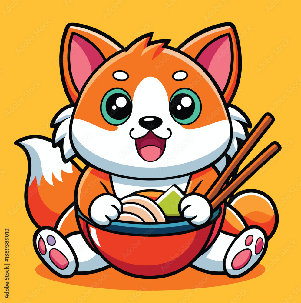Cute Cartoon Fox Enjoying A Delicious Bowl Of Ramen Noodles With Chopsticks Cute Cartoon Fox Enjoying A Delicious Bowl Of Ramen Noodles With Chopsticks