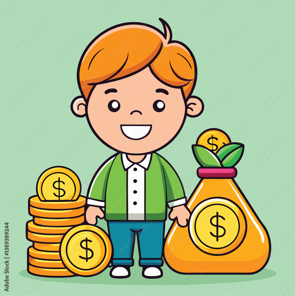 Cartoon Boy With Money Bag And Coins Earning Savings Concept Illustration Cartoon Boy With Money Bag And Coins Earning Savings Concept Illustration