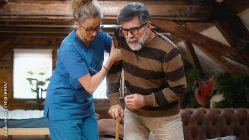 Female caregiver helps a scared elderly 60s man to get up from the floor after a fall accident and mobility problems in the living room at home, he feels instability pains in his back and legs.