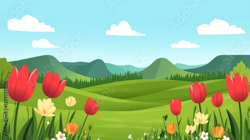 Spring landscape with tulips and hills