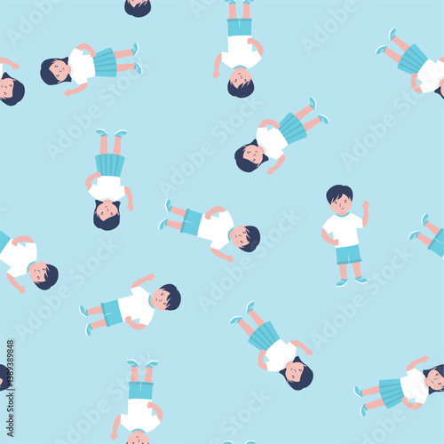Seamless pattern with cartoon kids. Texture pattern with cute boy and girl. Students, classmates, friends. wallpaper template.