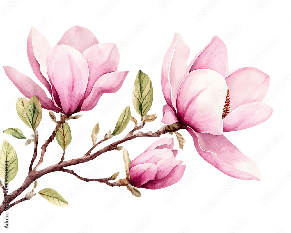 Obraz premium Pink Magnolia Blossoms Watercolor Painting on Transparent Background, PNG