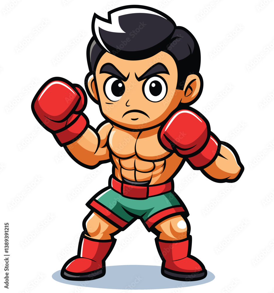 Obraz premium Cartoon Boxer Ready To Fight In Red Boxing Gloves And Green Shorts