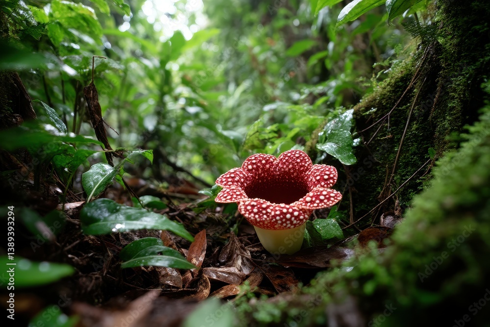 An exotic Rafflesia flower in the dense jungle, surrounded by moss and damp leaves. An exotic Rafflesia flower in the dense jungle, surrounded by moss and damp leaves.