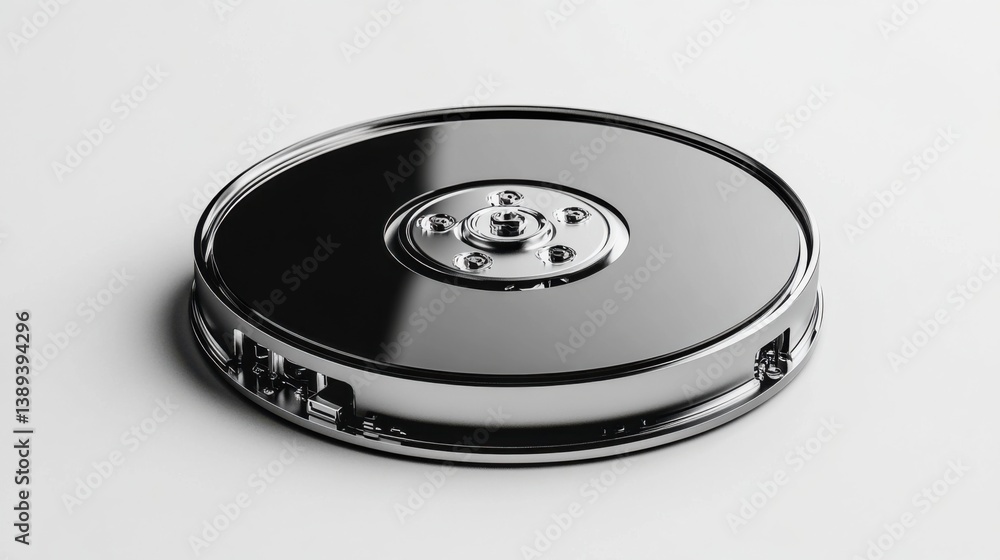 A realistic 3D rendering of a hard disk with a smooth surface, placed on a solid white background A realistic 3D rendering of a hard disk with a smooth surface, placed on a solid white background