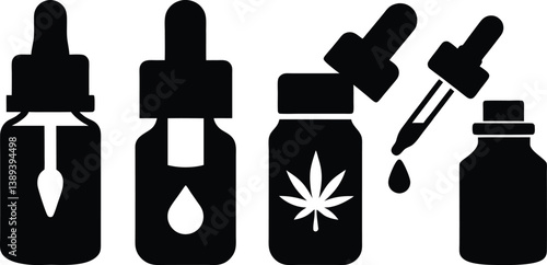 Black and white icons, minimalist design, medical dropper bottles, cannabis leaf, CBD oil, herbal medicine, silhouette style, pharmaceutical illustration, alternative therapy, holistic remedies