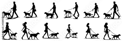 vector set of silhouettes of people walking with their dogs