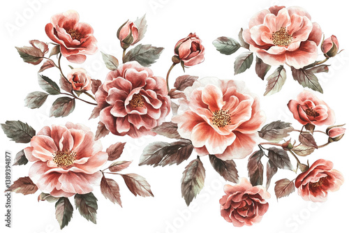 Realistic Watercolor Floral Arrangement with Roses Illustration on Transparent