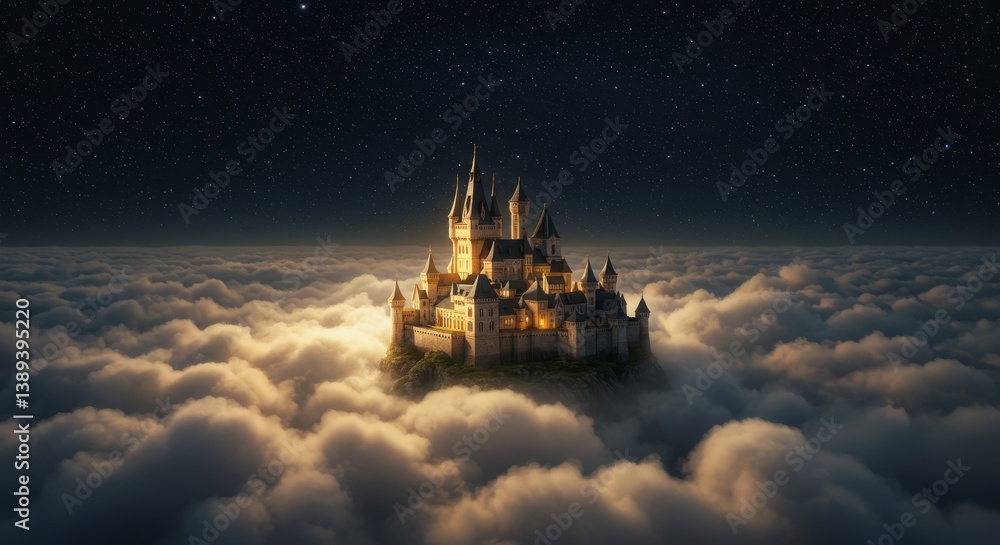 Naklejka premium Majestic Castle Above the Clouds - A breathtaking view of a majestic castle perched atop a cloud island, illuminated by a warm golden light under a starry night sky