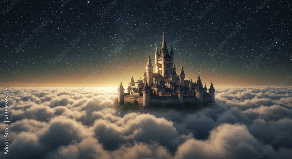 Naklejka premium Majestic Castle Above the Clouds - A breathtaking view of a majestic castle perched atop a fluffy cloud sea, under a starlit sky. Magical and serene