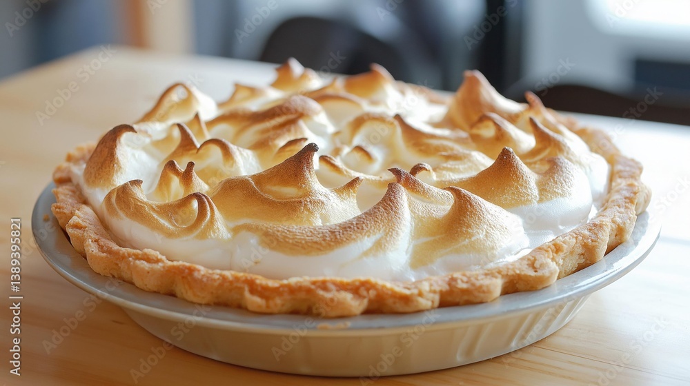 Freshly baked lemon meringue pie in a white pie dish on a wooden table. the pie has a golden brown crust and is topped with a generous layer of white whipped cream. Freshly baked lemon meringue pie in a white pie dish on a wooden table. the pie has a golden brown crust and is topped with a generous layer of white whipped cream.