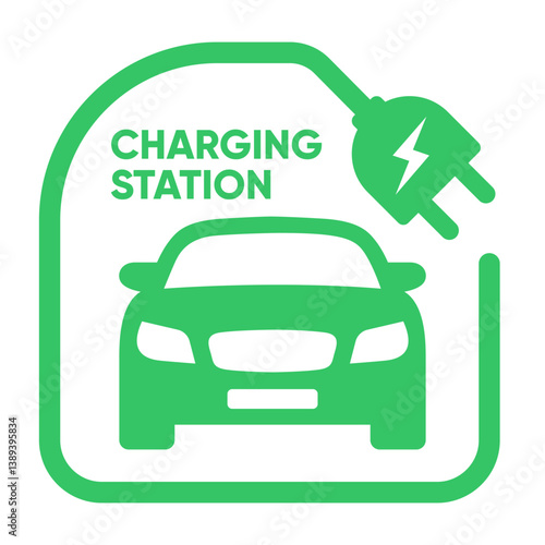 Plug icon symbol and electric car station, hybrid vehicle charging point logo. Green energy and eco-friendly car concept, charger connector and charging station icon. vector illustration