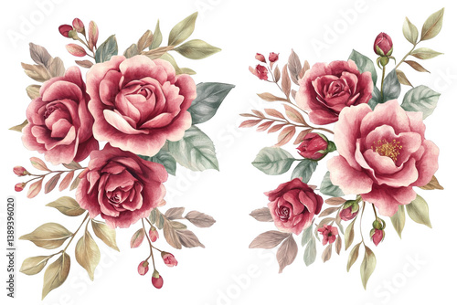 Realistic Watercolor Floral Bouquet Illustration with Red Roses and Green Leaves