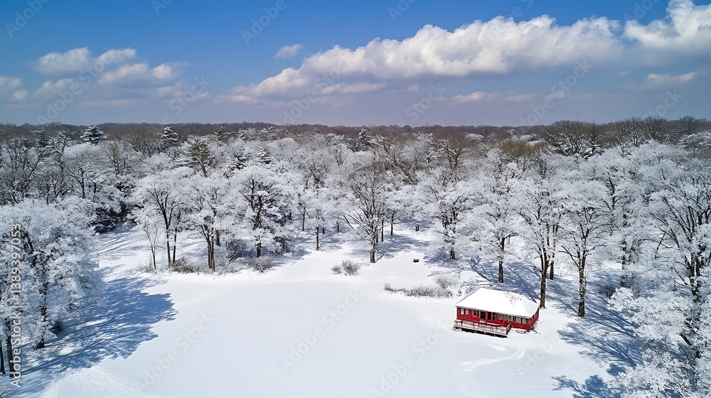 Aerial View of a Red Cabin in a Snowy Forest Landscape Aerial View of a Red Cabin in a Snowy Forest Landscape