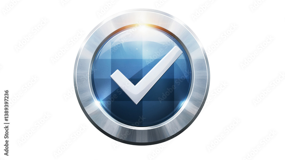 Png of A sleek blue checkmark icon within a metallic circular frame, symbolizing approval or correctness on transparent background. Png of A sleek blue checkmark icon within a metallic circular frame, symbolizing approval or correctness on transparent background.