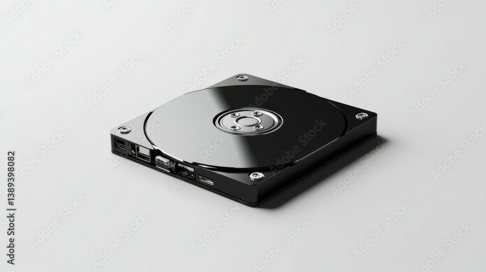 A simple external hard disk with a polished surface, placed on a solid white background A simple external hard disk with a polished surface, placed on a solid white background