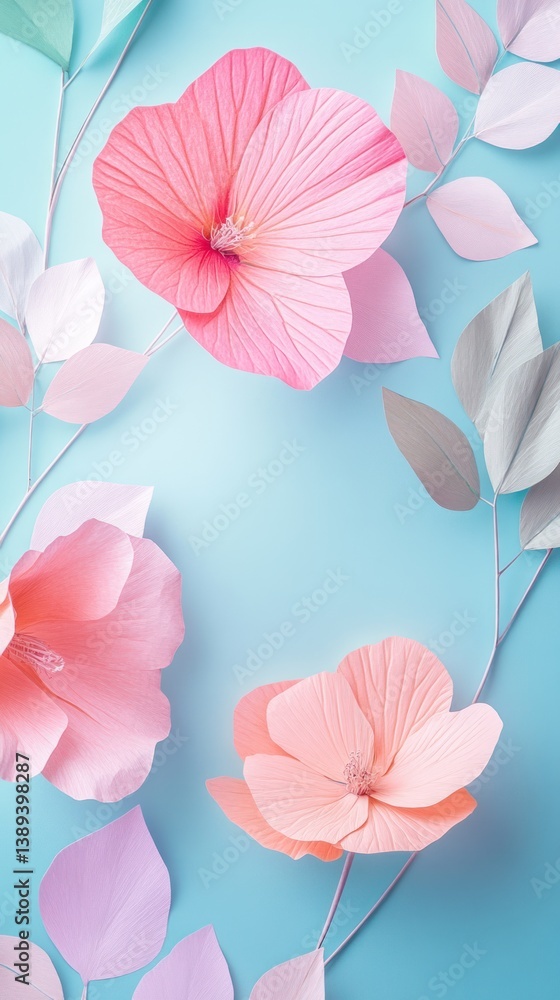 Obraz premium Delicate paper flowers and leaves gracefully adorn a soft blue backdrop