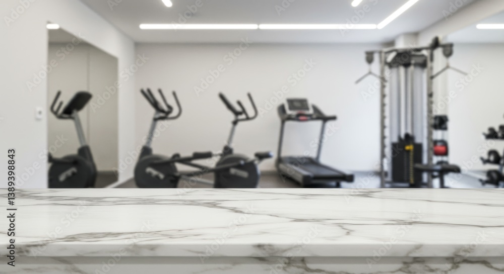 Fototapeta premium Modern Gym Interior with Marble Counter - Clean, modern gym interior with exercise equipment blurred in the background
