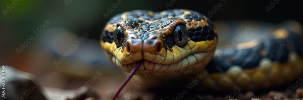 Fototapeta premium Snake's face closeup with vertical pupils and forked tongue out, reptile anatomy, viper species, sss sound effect