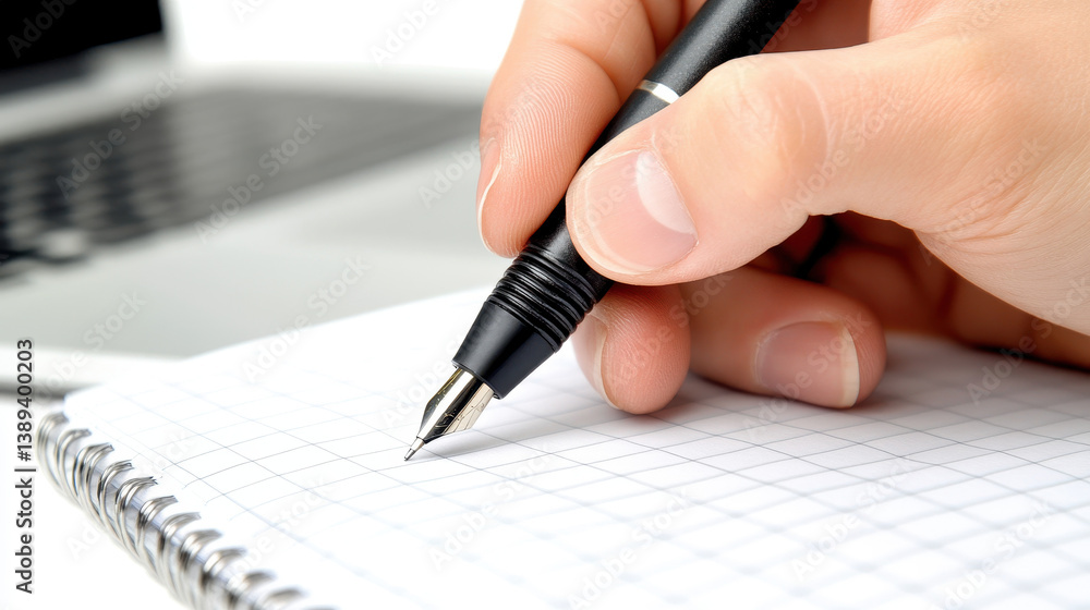 Hand holding pen writes notes in minimalistic home office with laptop in view Hand holding pen writes notes in minimalistic home office with laptop in view