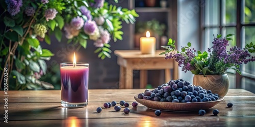 Tranquil still life featuring a burning candle, a bowl of ripe berries, and a vase of purple flowers on a wooden table