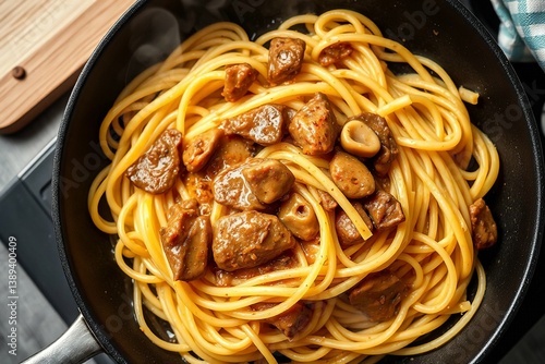 Juicy Linguine with Fried Chicken Liver Top view