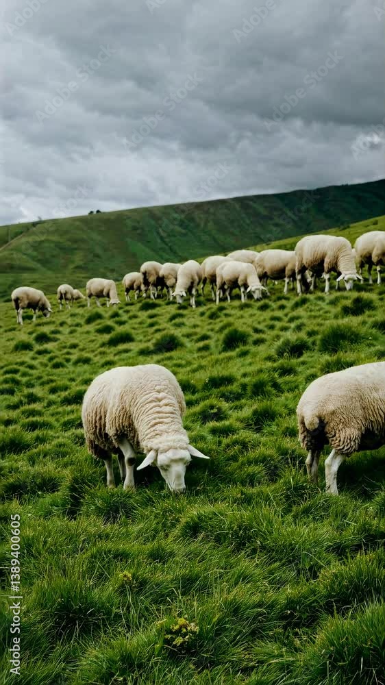 A serene video scene of sheep grazing on lush green hills. Captured from a low angle, highlighting the expansive, cloudy sky and rolling landscape. A serene video scene of sheep grazing on lush green hills. Captured from a low angle, highlighting the expansive, cloudy sky and rolling landscape.