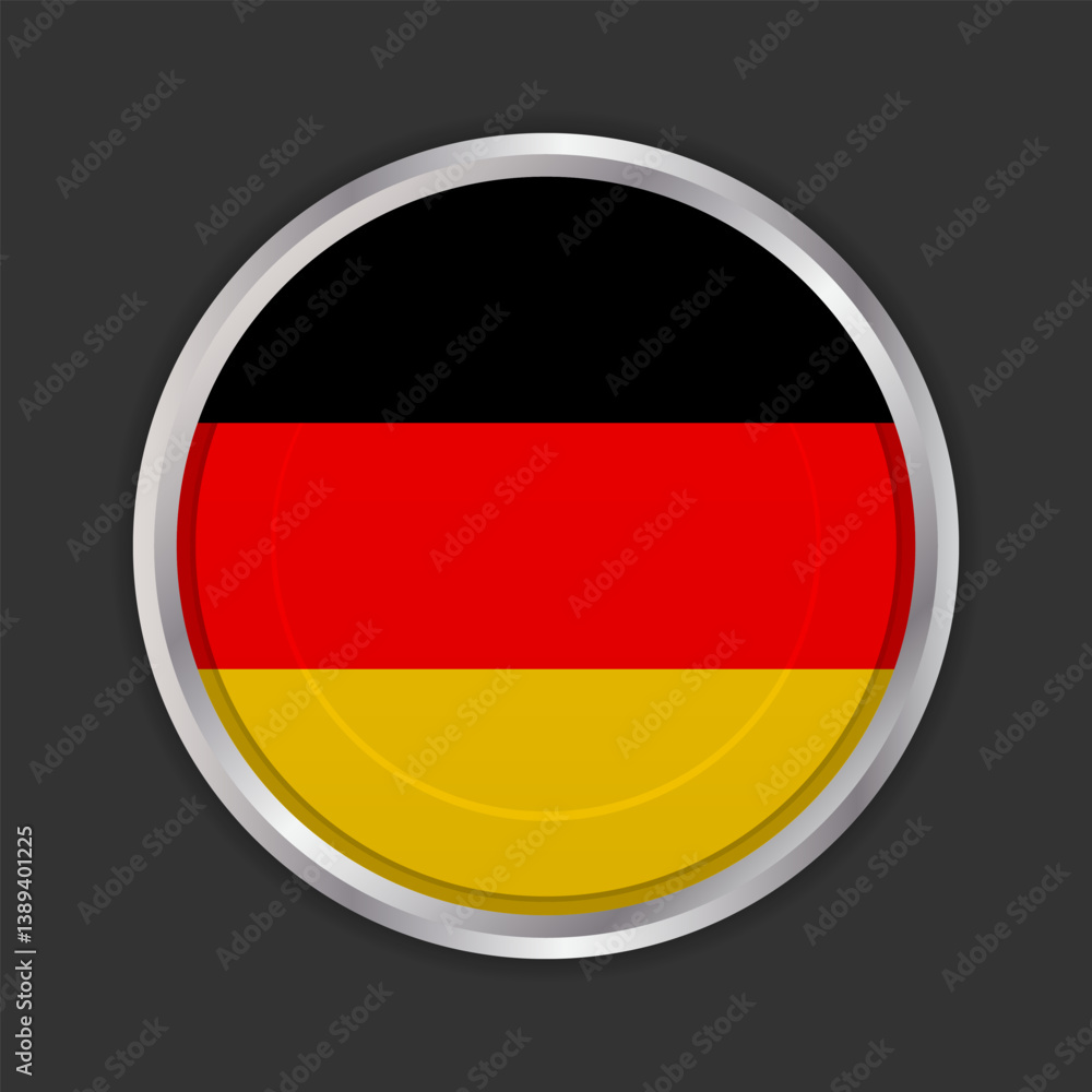 German flag button icon. Circular button design featuring the German flag, bordered by a metallic silver frame. Vector icon, EPS10
