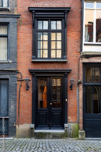 Beautiful black door entrance with large windows framed by rich red brick in a charming European street lined with historical architecture during daylight