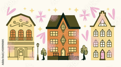 Set urban buildings and shop facades with trees and street lamps isolated on background. Flat vector illustration in cartoon style. Hand drawn city architecture elements. Urban landscape and city