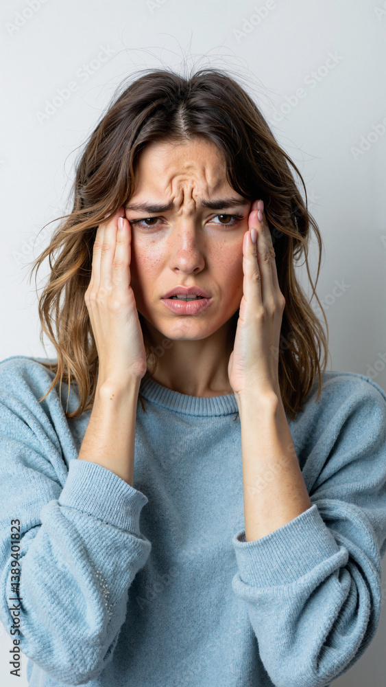 Frustrated Woman in Light Blue Sweater: Perfect for Mental Health Campaigns and Stress Management Marketing