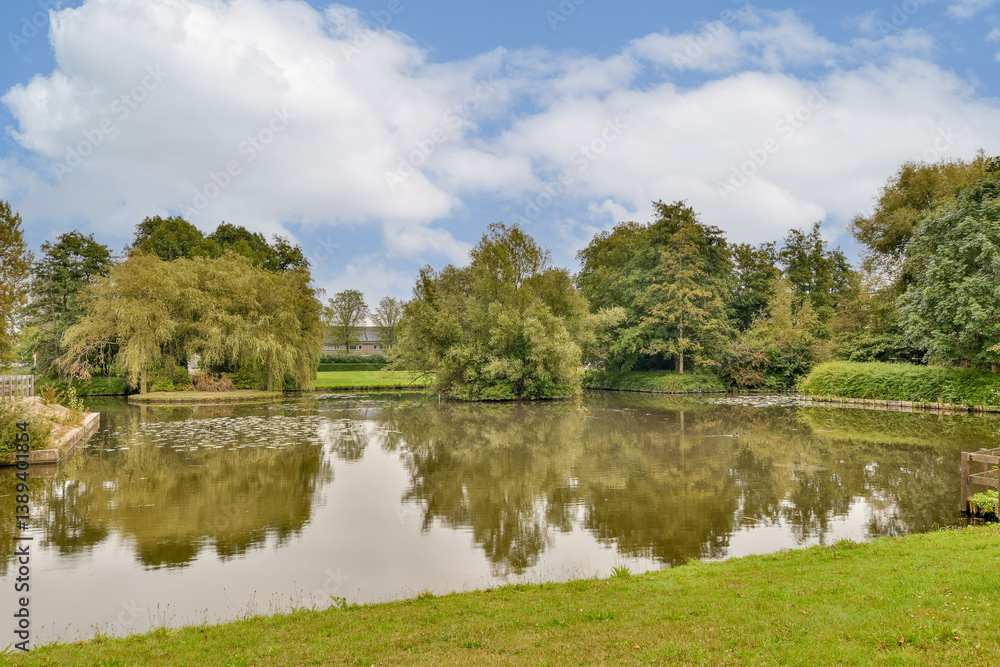 Fototapeta premium A tranquil scene showcasing lush green trees surrounding a calm pond under a bright blue sky, reflecting nature's beauty in a peaceful environment.