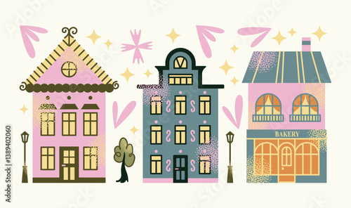 Set urban buildings and shop facades with trees and street lamps isolated on background. Flat vector illustration in cartoon style. Hand drawn city architecture elements. Urban landscape and city