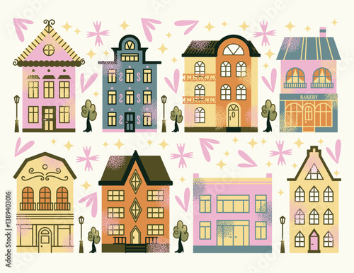 Set urban buildings and shop facades with trees and street lamps isolated on background. Flat vector illustration in cartoon style. Hand drawn city architecture elements. Urban landscape and city