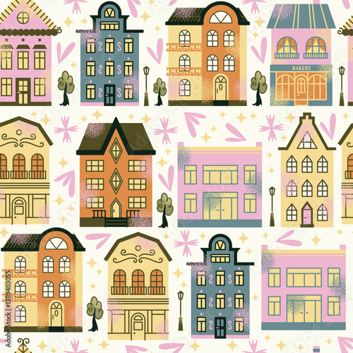 Seamless pattern urban buildings and shop facades with trees and street lamps isolated on background. Flat vector illustration in cartoon style. City architecture elements. Urban landscape and city