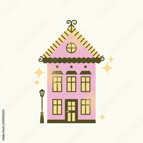 Set urban buildings and shop facades with trees and street lamps isolated on background. Flat vector illustration in cartoon style. Hand drawn city architecture elements. Urban landscape and city