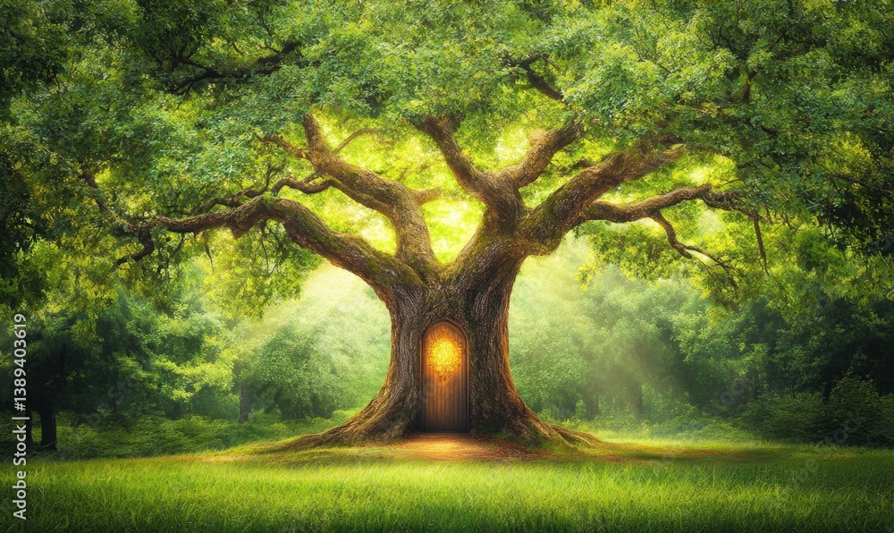 Fototapeta premium Majestic oak tree forest sunlit clearing magical entrance nature fantasy illustration