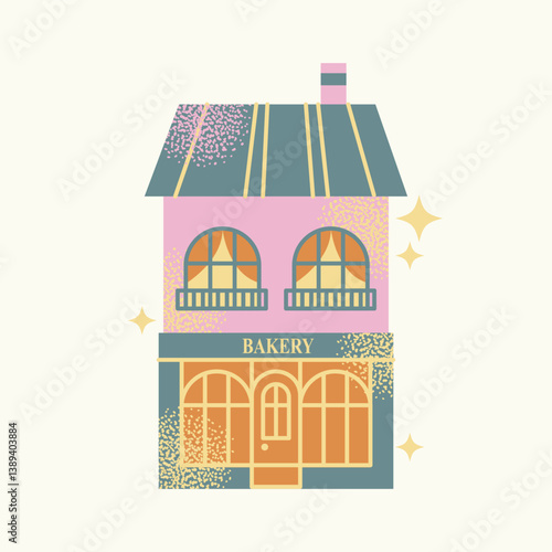 Set urban buildings and shop facades with trees and street lamps isolated on background. Flat vector illustration in cartoon style. Hand drawn city architecture elements. Urban landscape and city