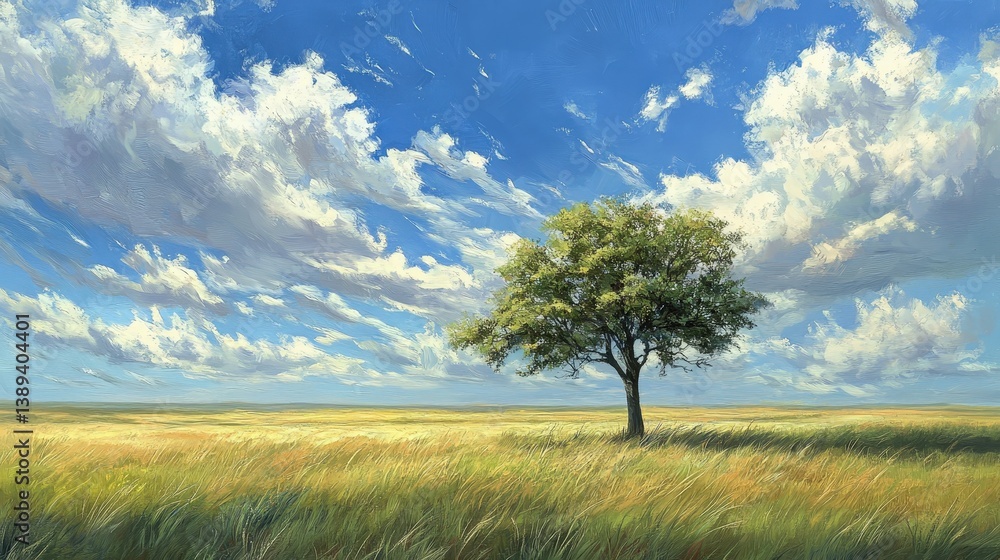Fototapeta premium A lone tree standing in the middle of an open grassy plain, its leaves swaying in the wind