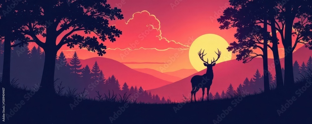 Vector silhouette of a deer in a forest landscape at dusk , labels, animals Vector silhouette of a deer in a forest landscape at dusk , labels, animals