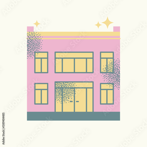 Set urban buildings and shop facades with trees and street lamps isolated on background. Flat vector illustration in cartoon style. Hand drawn city architecture elements. Urban landscape and city