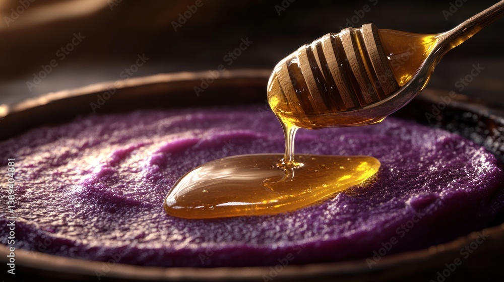 Fototapeta premium Honey dripping onto purple sweet potato puree, rustic setting, food photography